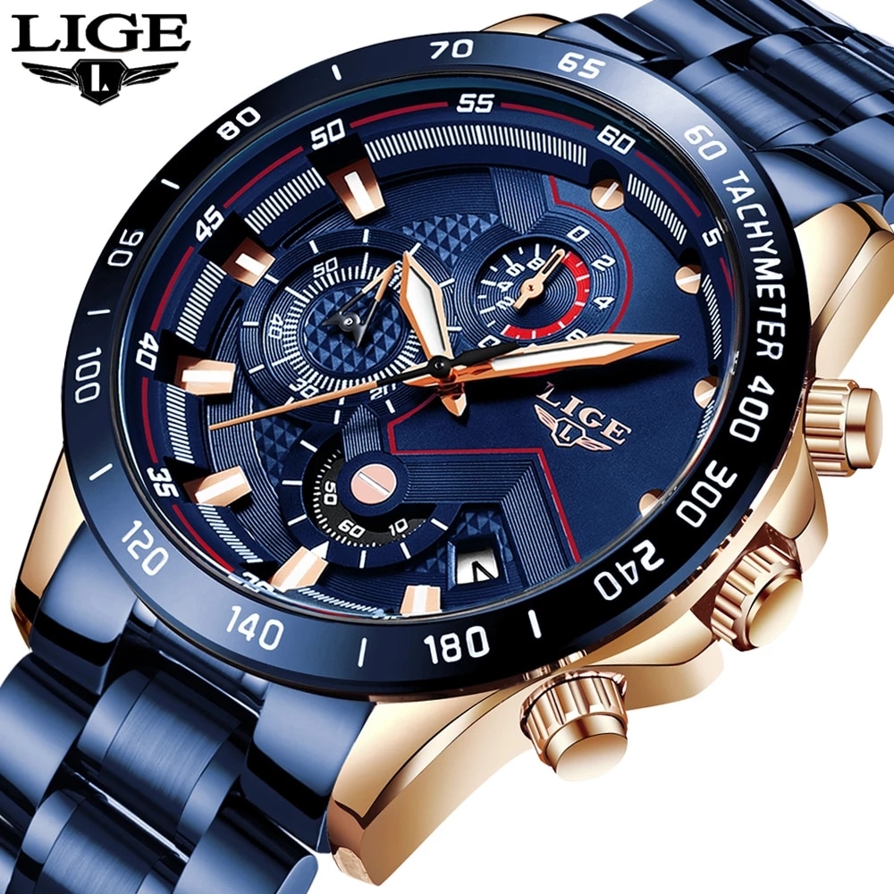 Luxury Watch Mockup - LIGE New Fashion Watches Men Stainless