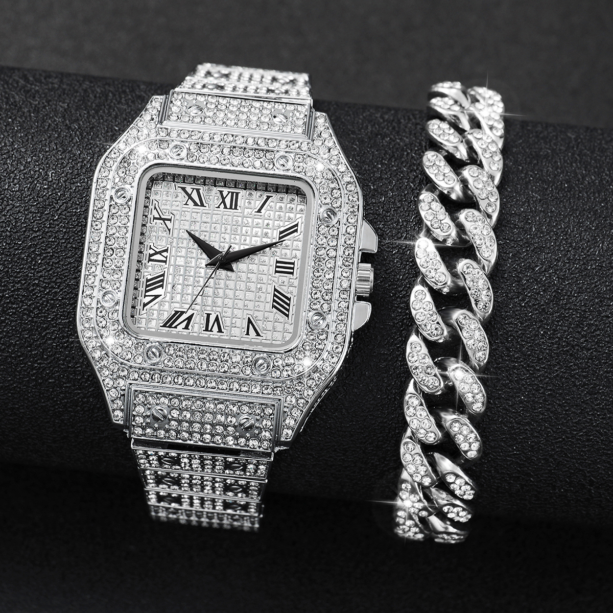 2PCS Iced Out Square Watch & C – обзор и цена Luxury Watch Kit