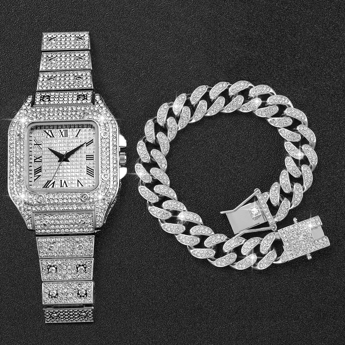 2PCS Iced Out Square Watch & C – обзор и цена Luxury Watch Kit
