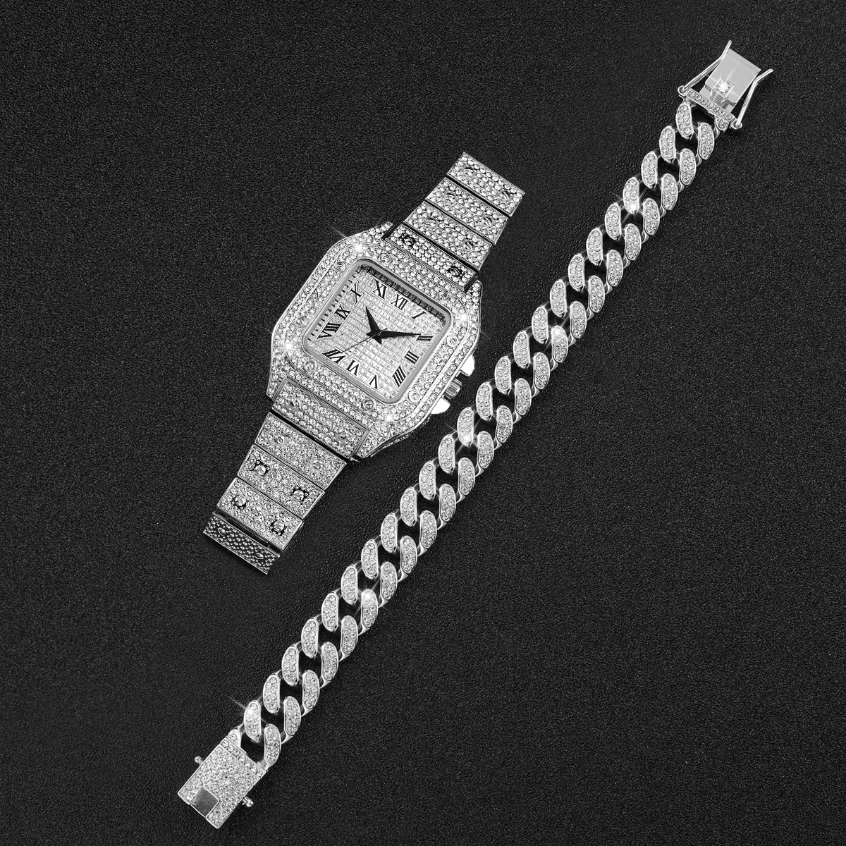 2PCS Iced Out Square Watch & C – обзор и цена Luxury Watch Kit